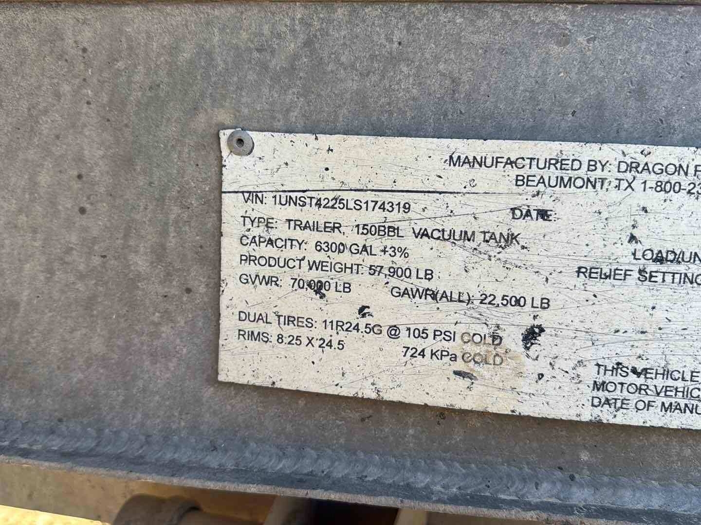 2020 DRAGON 150BBL ALUMINUM (A58214)