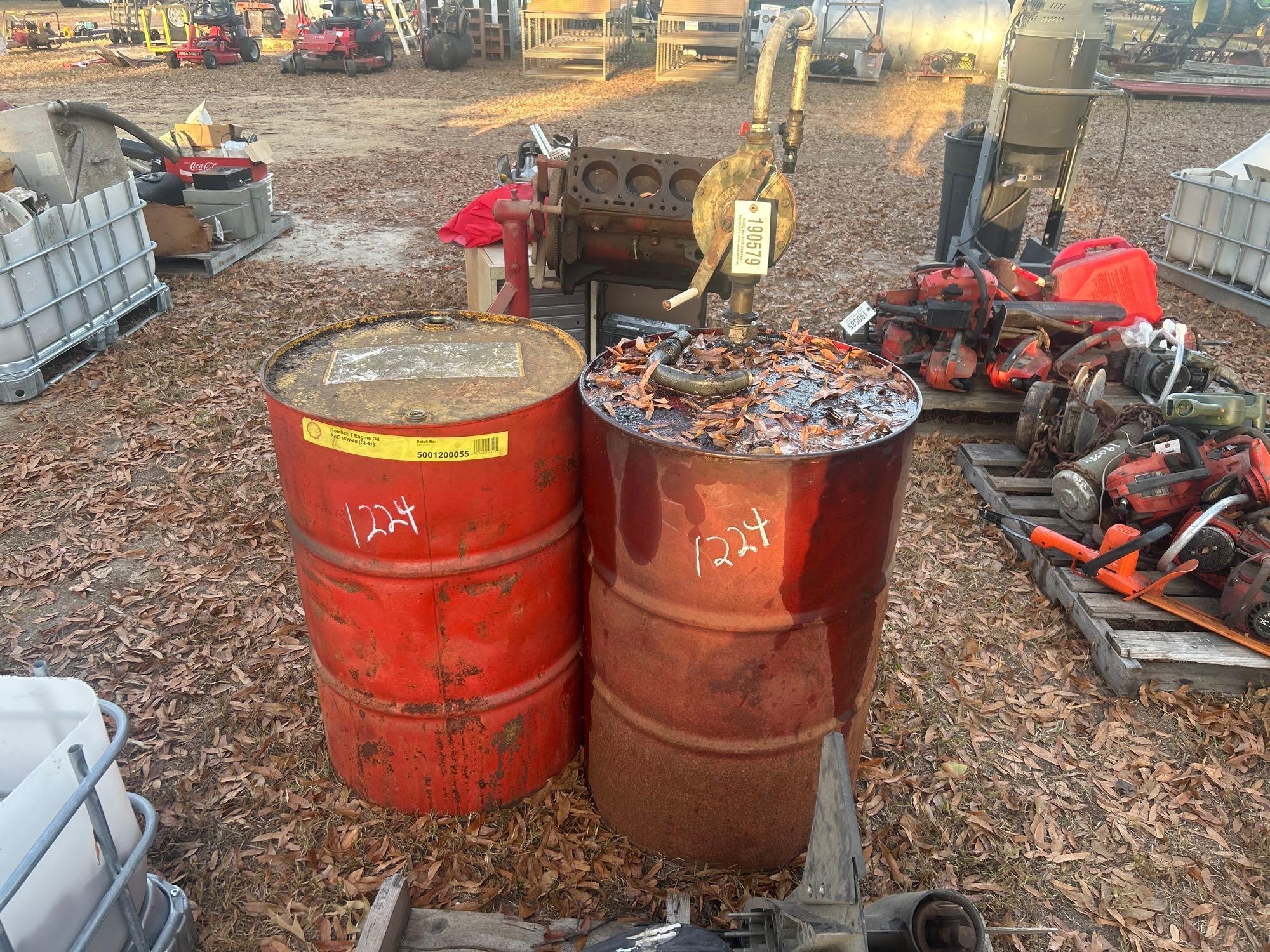 (2) OIL DRUMS & PUMP (A58374)