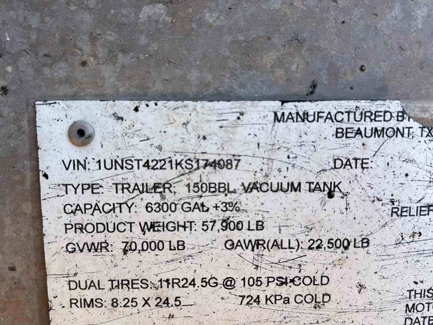 2019 DRAGON ESP 150BBL ALUMINUM (A58214)