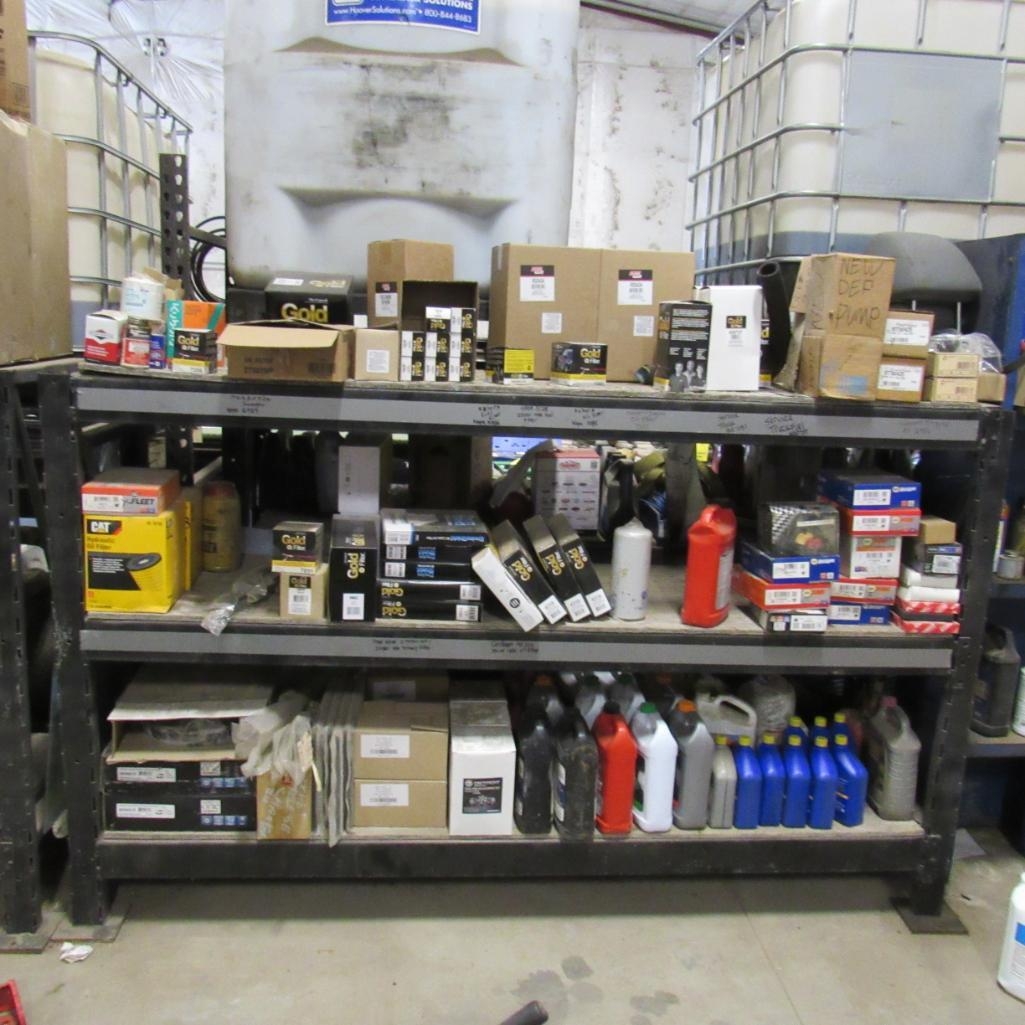 LOT: (3) Shelves of Parts, Filters, Oil, Antifreeze (CONTENTS ONLY - ALL APPEAR TO BE UNOPENED) (A59076)