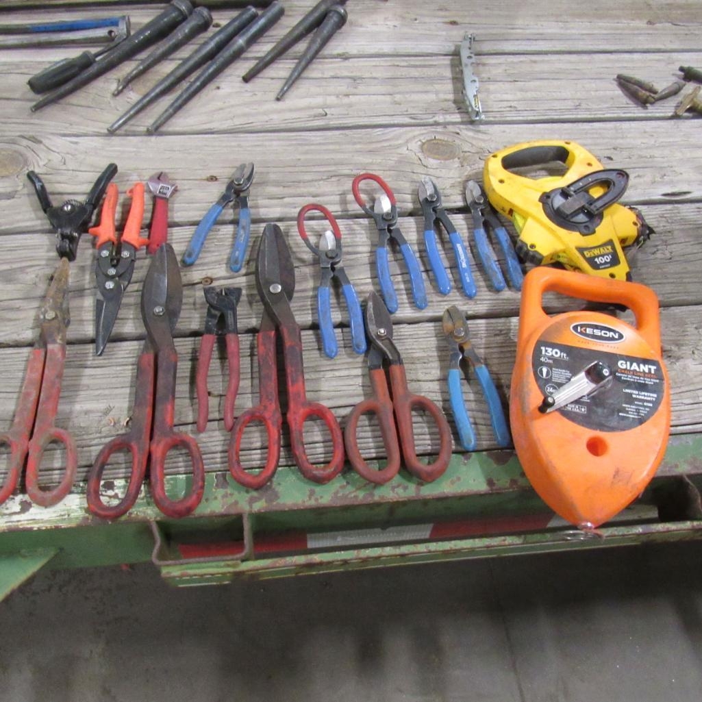 LOT: Cutters, Shears, Giant Chalk Line, 100' Tape Measure (A59076)