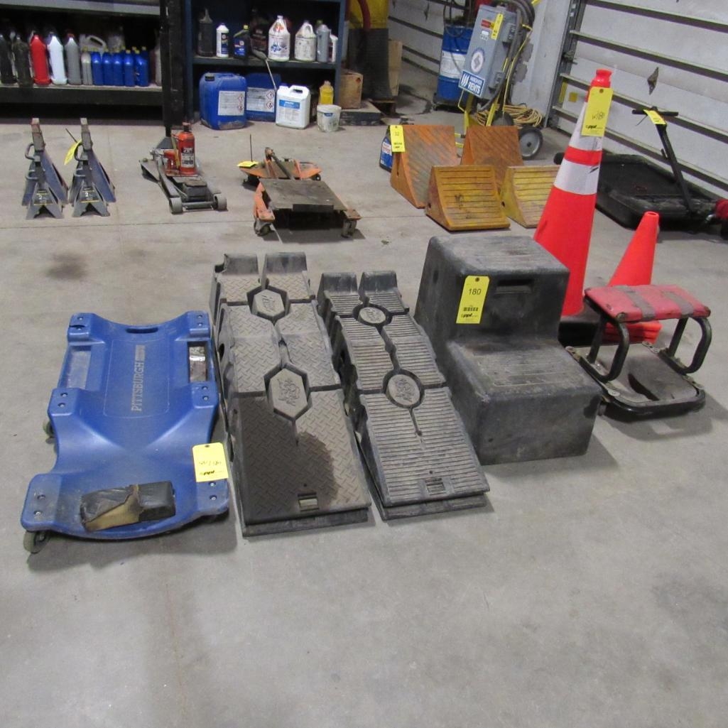 LOT: Shop Tools: (2) Sets of Truck Ramps, Pittsburg Creeper, Step Stool, Road Cones, Rolling Stool (A59076)