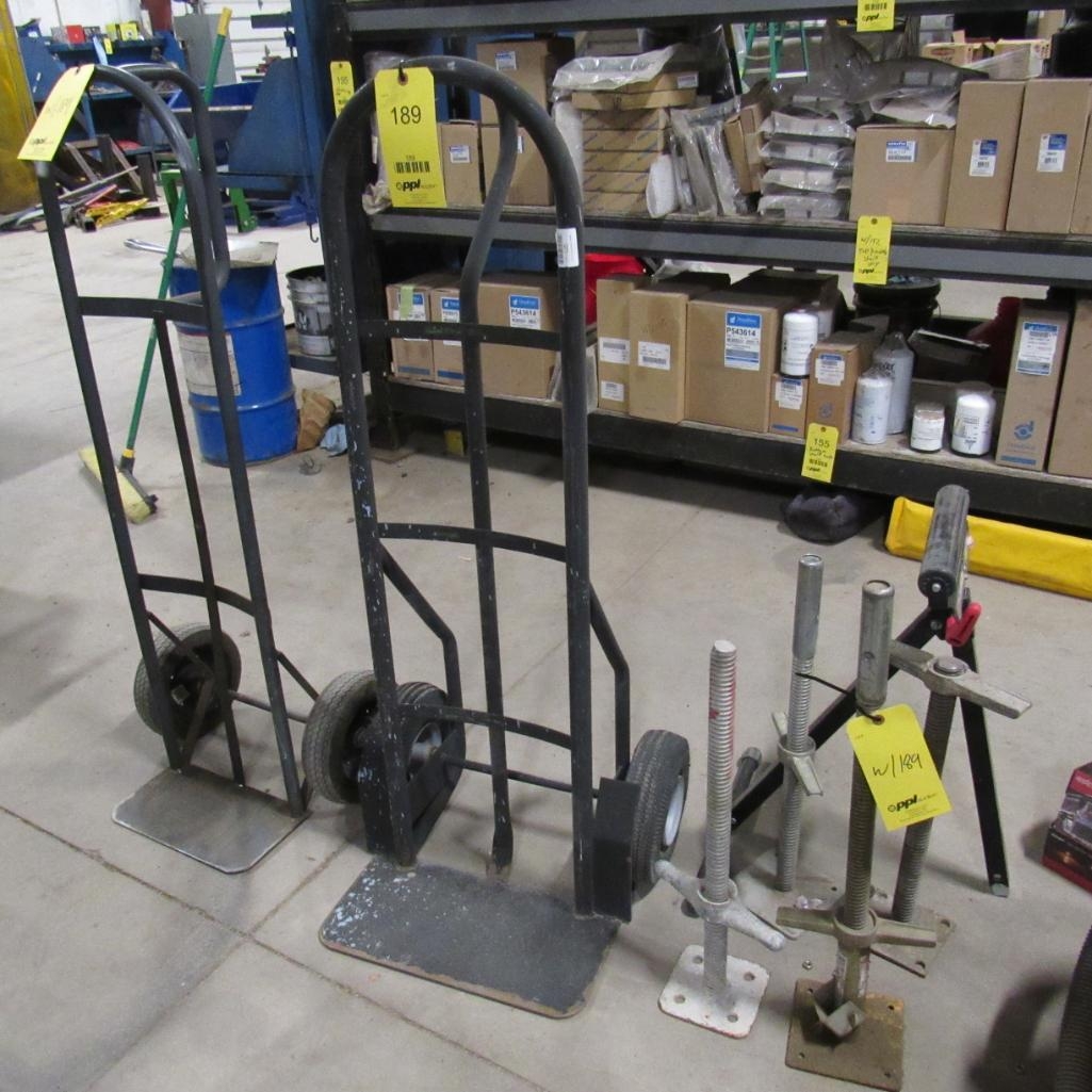 LOT: (2) 2-Wheel Dollies, Roller Stand, (3) Screw Levelers (A59076)
