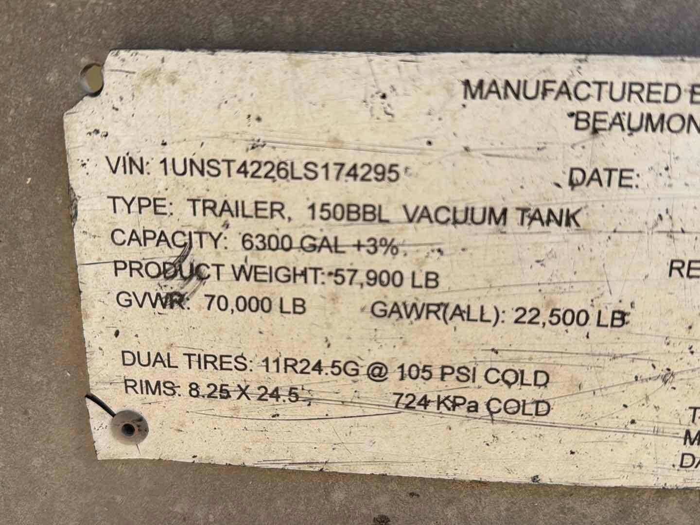 2020 DRAGON ESP 150BBL ALUMINUM (A58214)