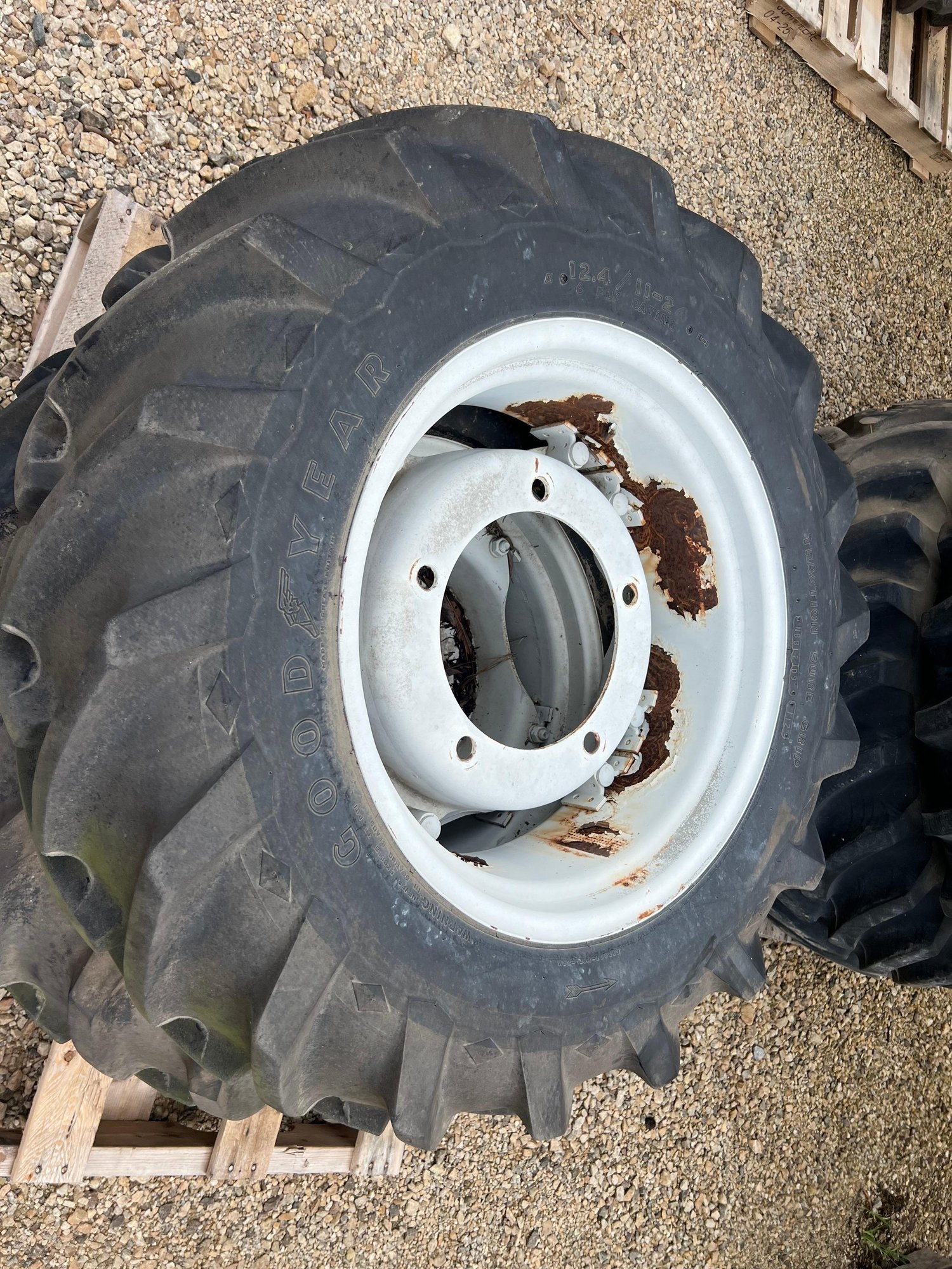 GOODYEAR SET OF 12.4/11-24 TIRES WITH 5 BOLT HUB WHEELS (80% TREAD) (A52748)
