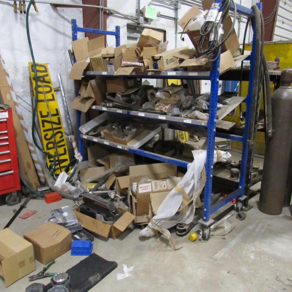 LOT: (2) Shelving Units w/Equipment Parts & Hardware (TANKS NOT INCLUDED) (A59076)