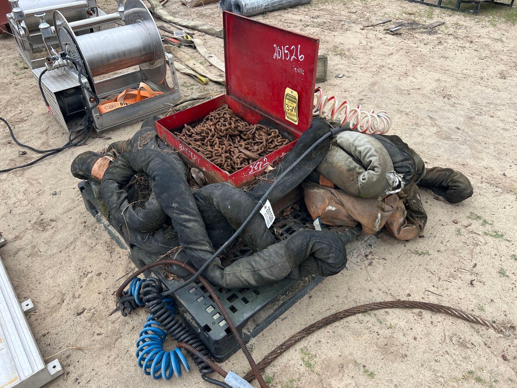 PALLET OF NYLON SLINGS, METAL TOOLBOX W/ CHAINS (A54757)