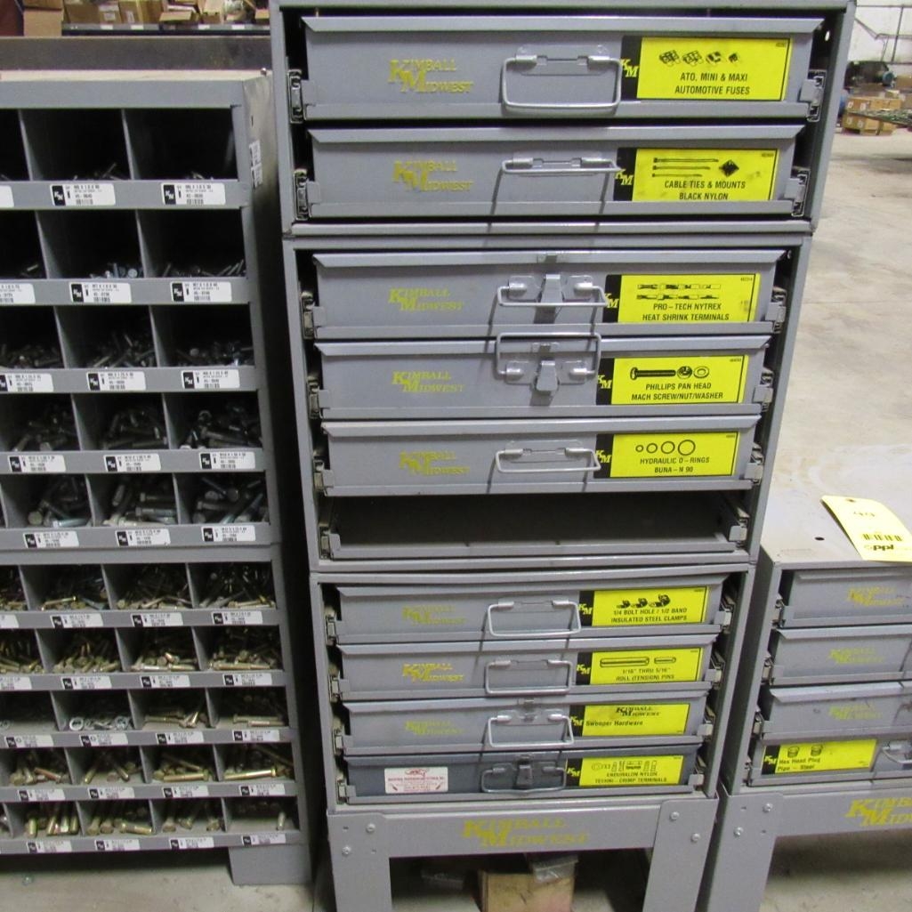 LOT: (2) Kimball Midwest 4-Drawer Hardware Cabinets, 12-Drawer Hardware Cabinet w/Contents & Stand (A59076)