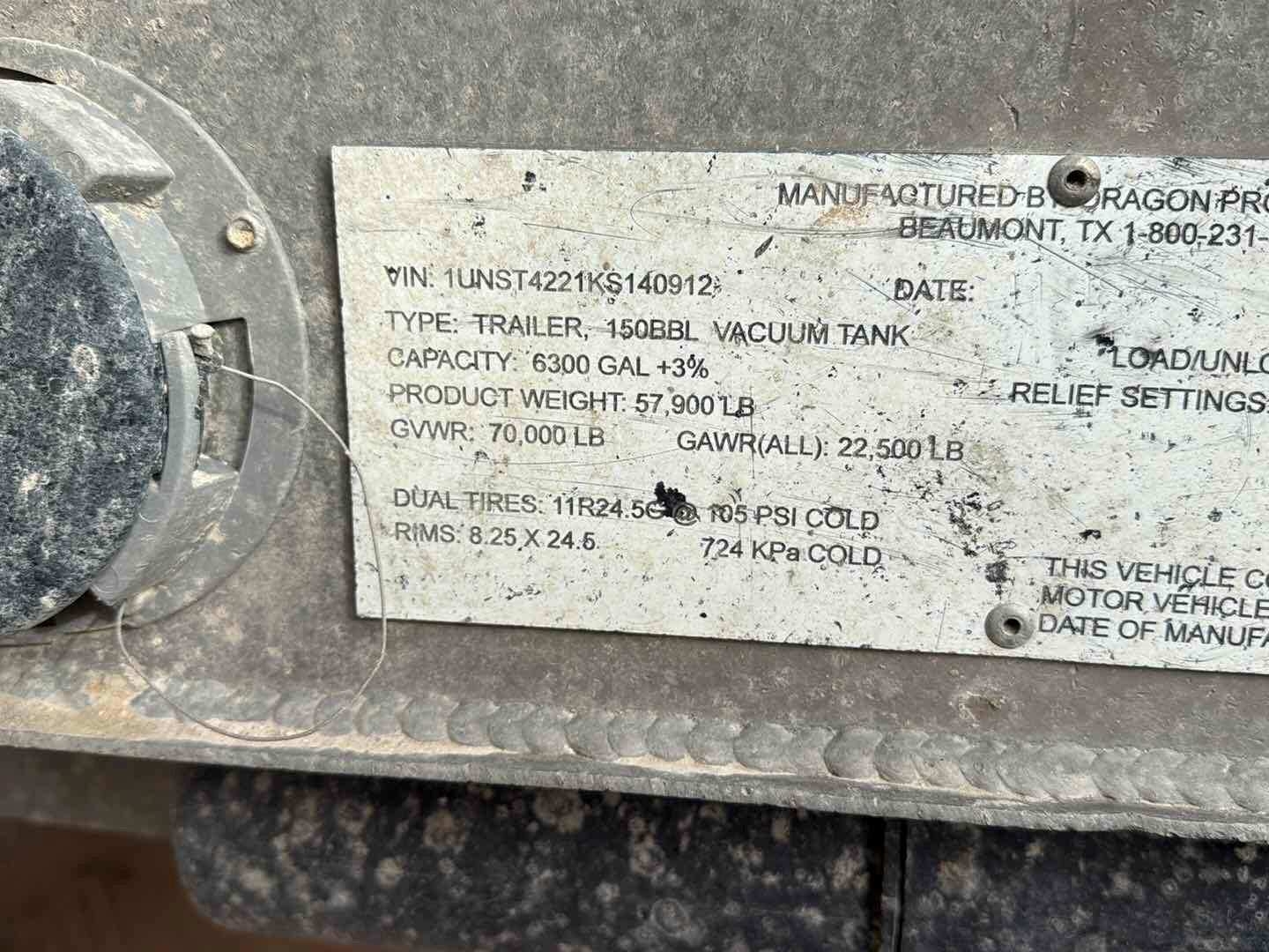 2019 DRAGON ESP 150BBL ALUMINUM (A58214)