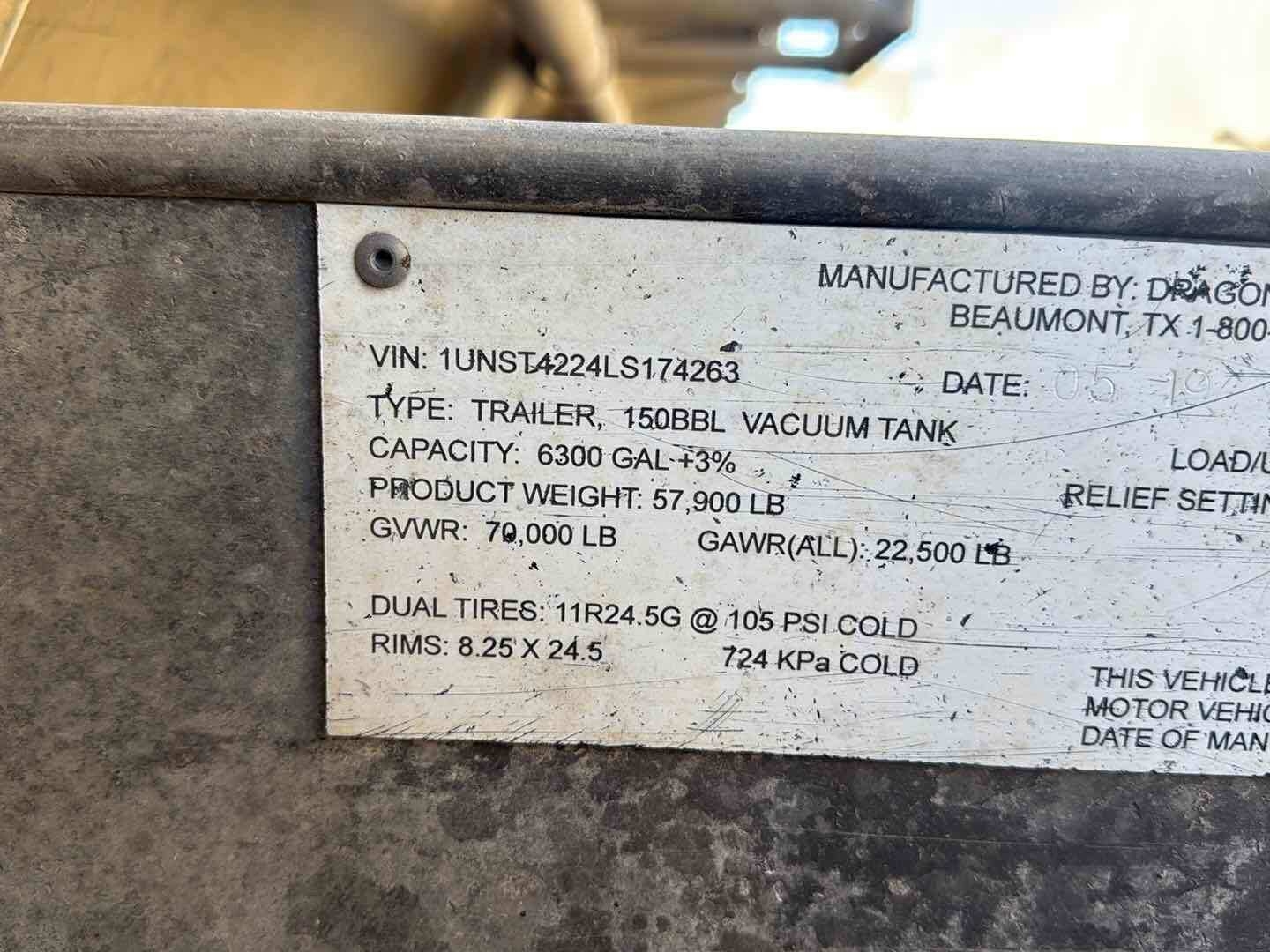 2020 DRAGON ESP 150BBL ALUMINUM (A58214)