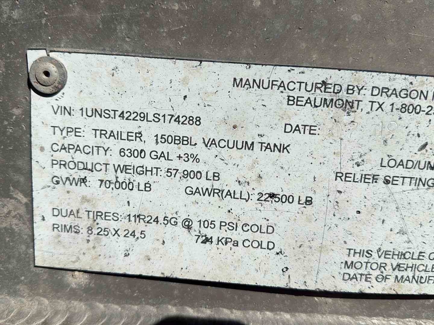 2020 DRAGON 150BBL ALUMINUM (A58214)