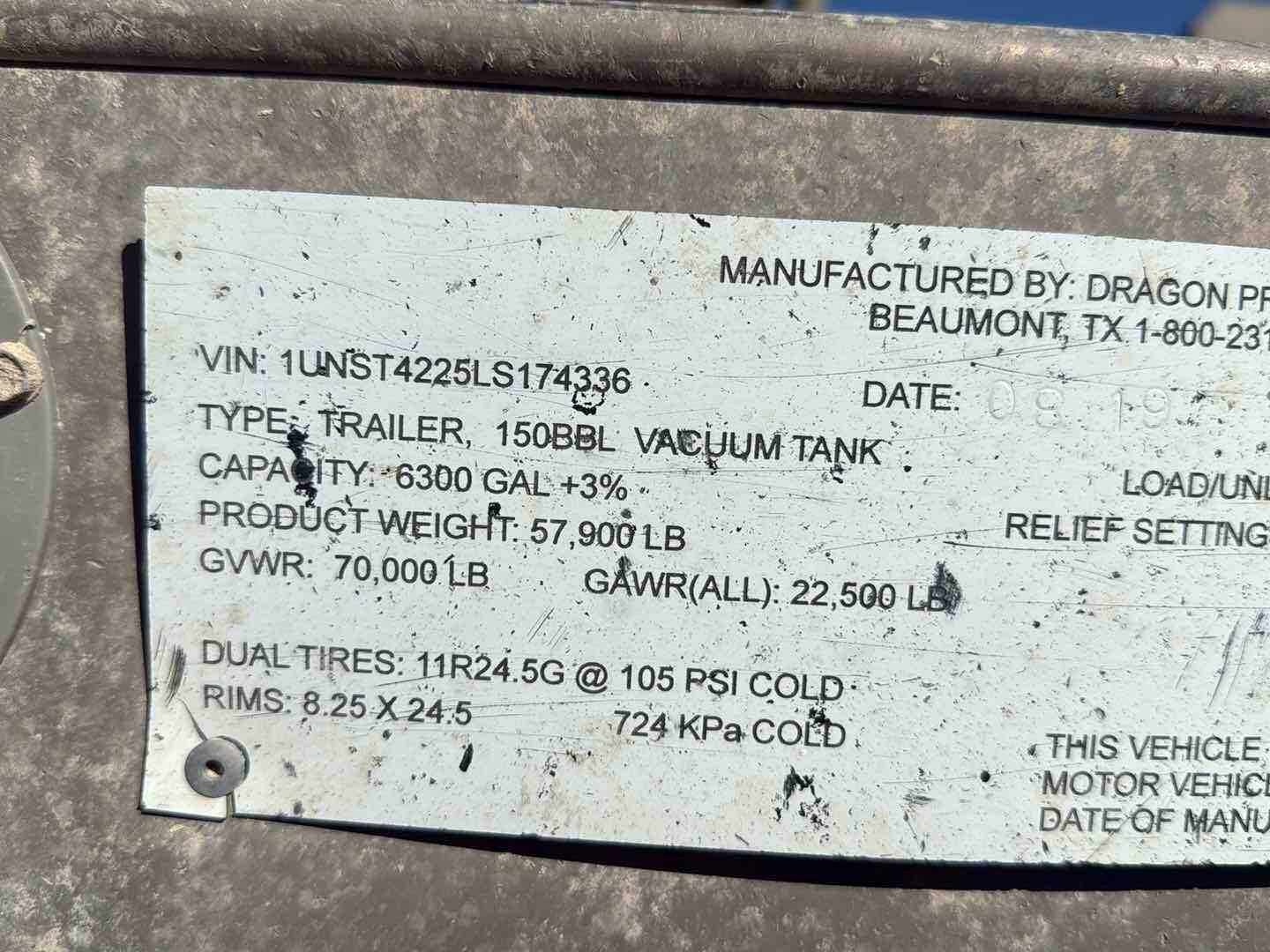 2020 DRAGON 150BBL ALUMINUM (A58214)