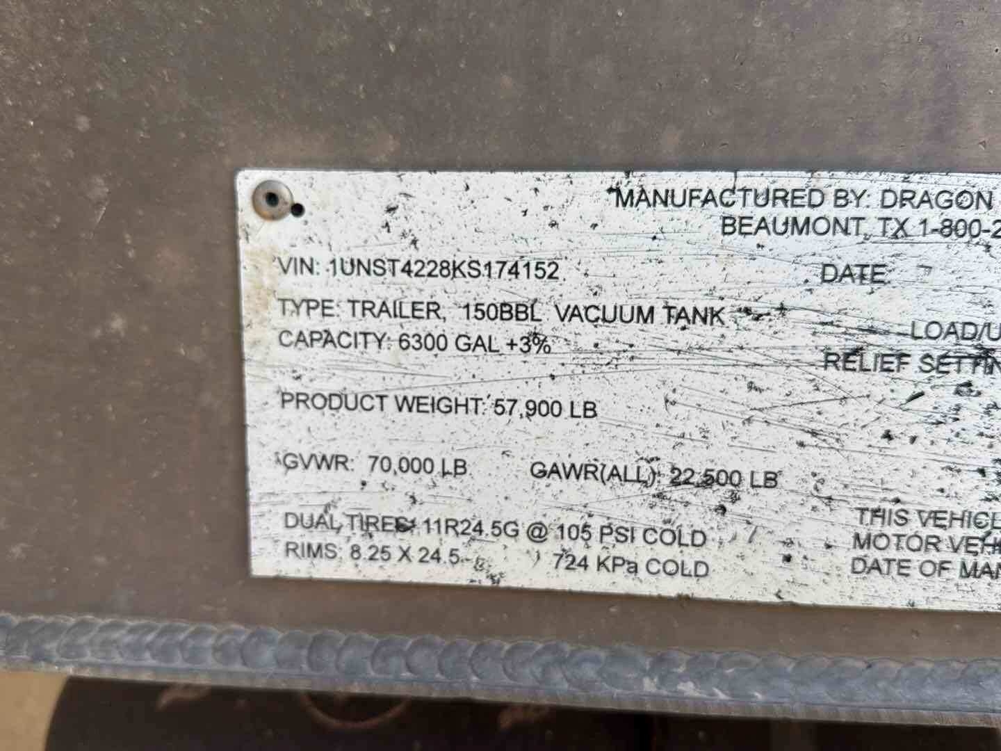 2019 DRAGON ESP 150BBL ALUMINUM (A58214)