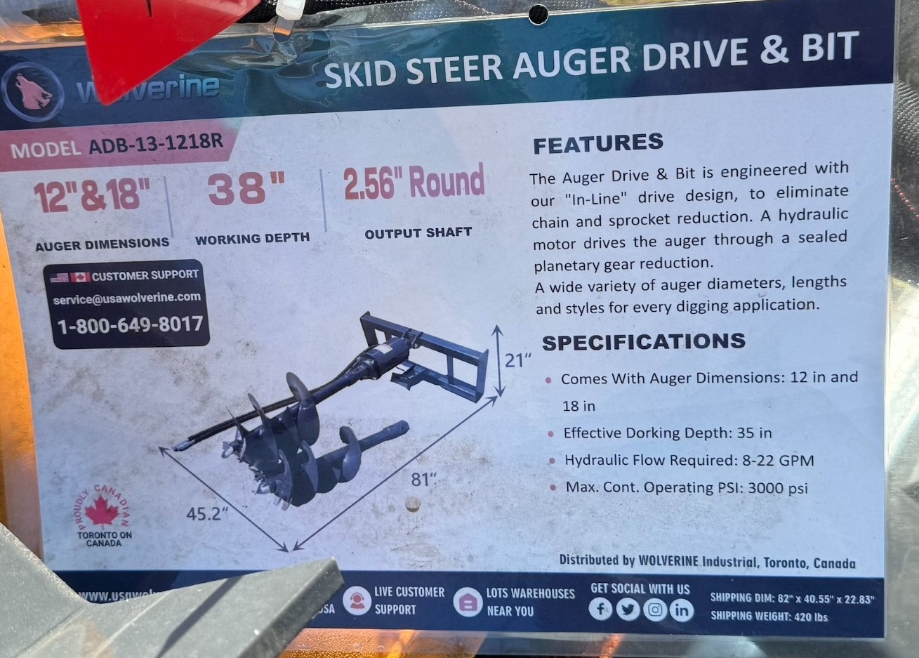 NEW Wolverine Skid Steer Auger Drive And Bit (A59000)