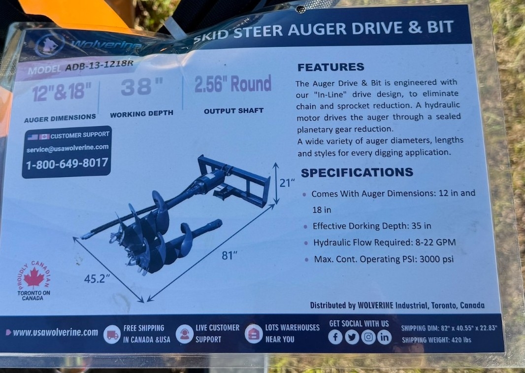 NEW Wolverine Skid Steer Auger Drive And Bit (A59000)