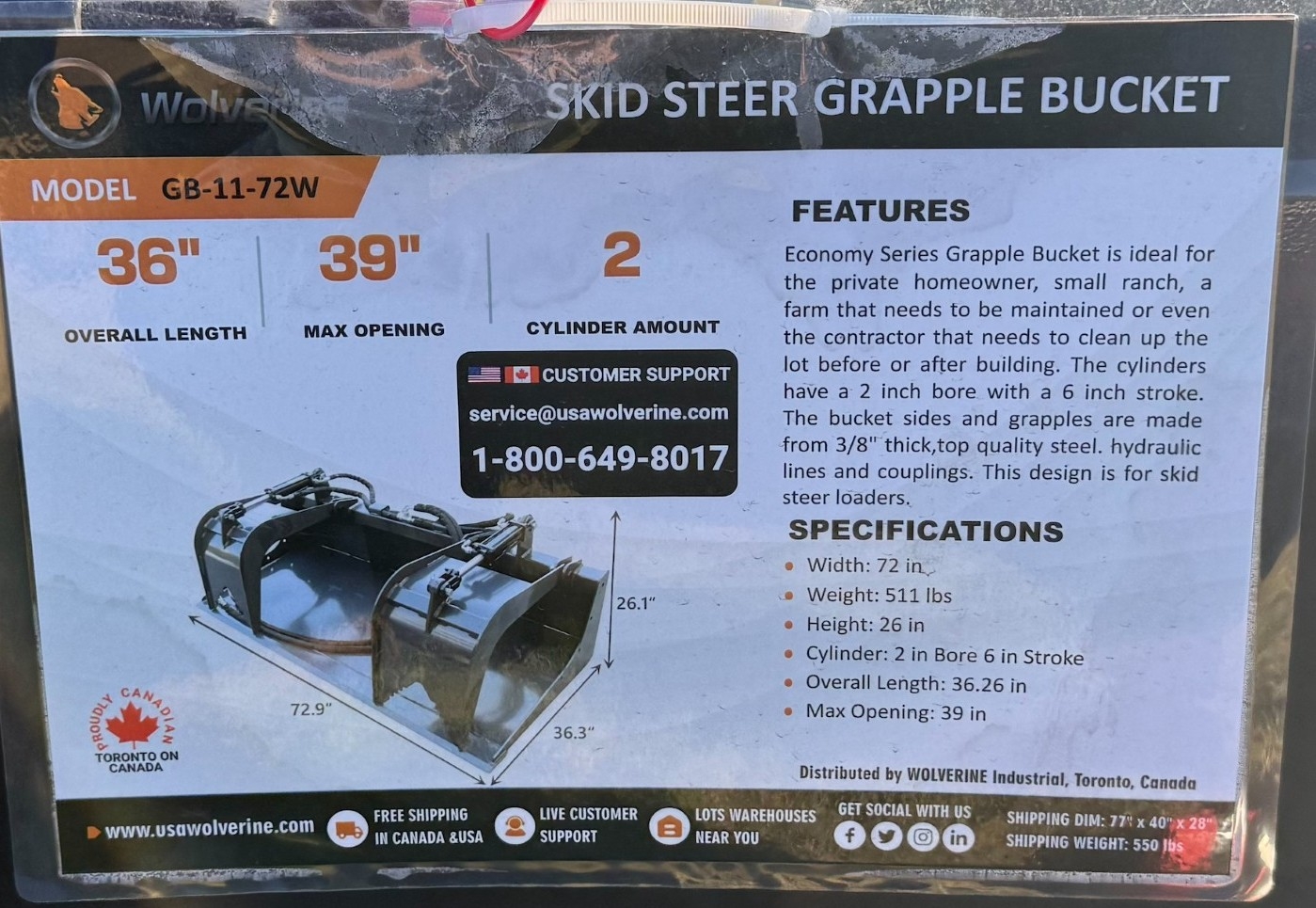 NEW Wolverine 36in Skid Steer Grapple Bucket (A59000)