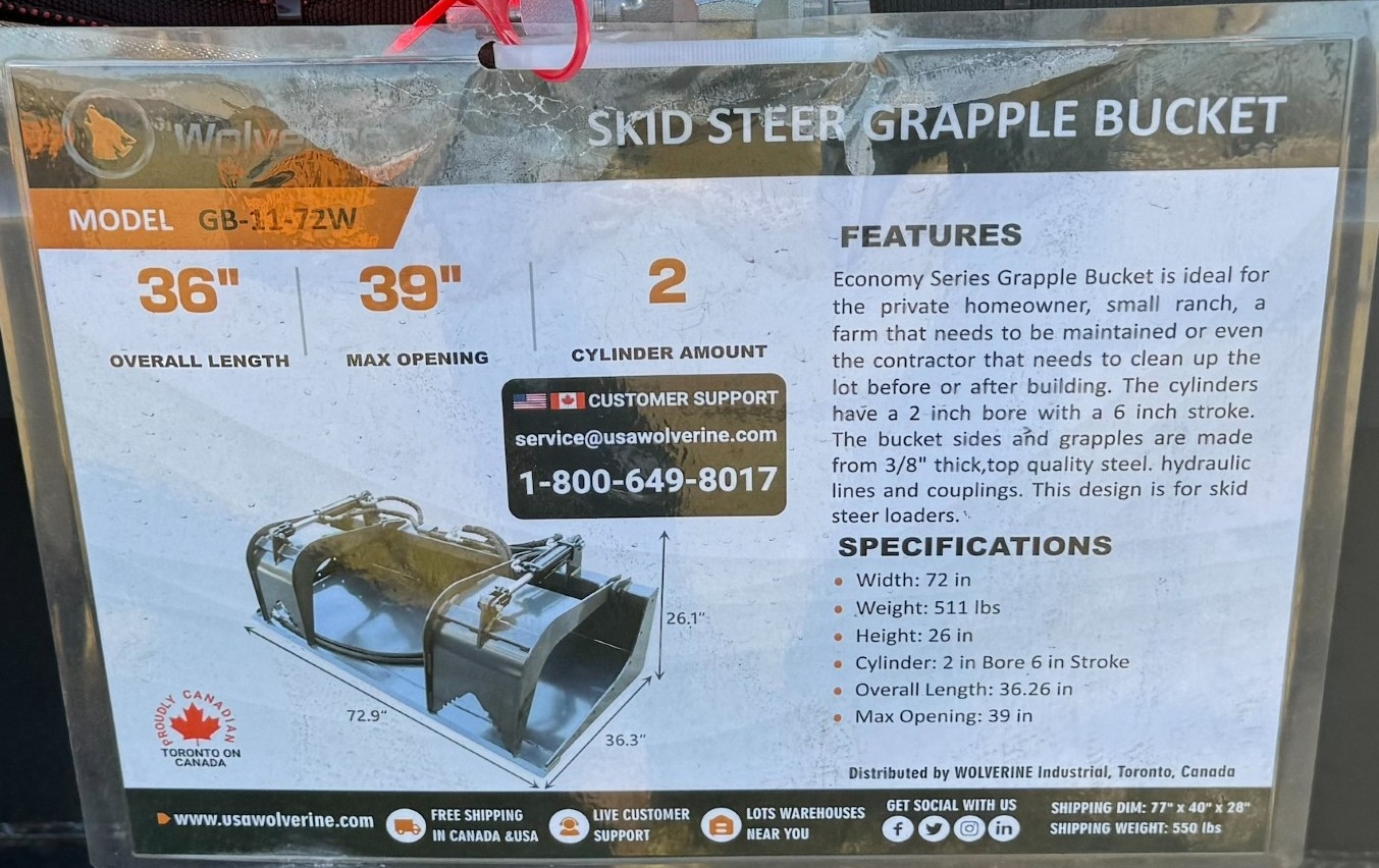 NEW Wolverine 36in Skid Steer Grapple Bucket (A59000)